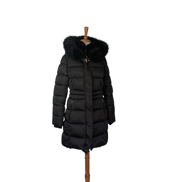 Tahari Velvet Bib Faux Fur Hooded Puffer Coat Women’s Black Winter M - Picture 2 of 8